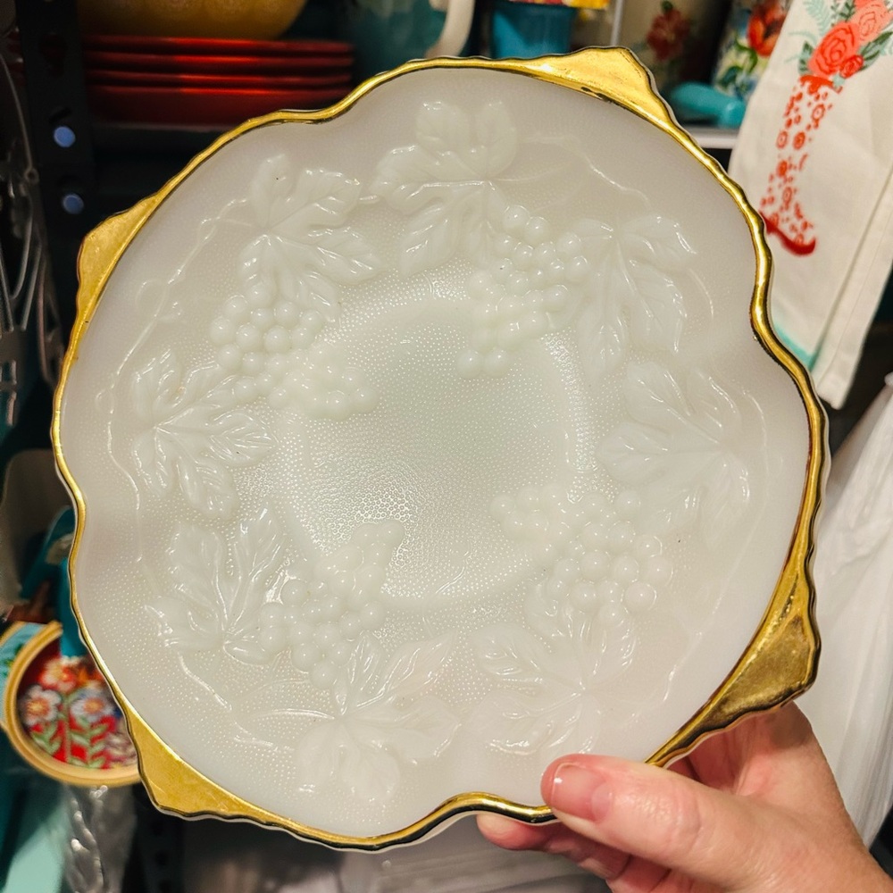 Antique Milk Glass Grape Candy Dish With Gold Trim Footed